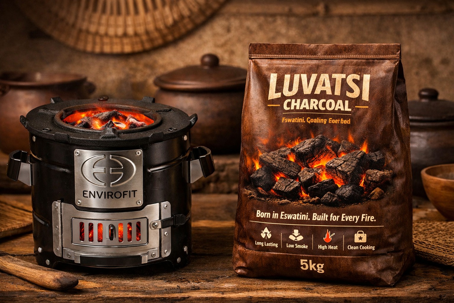 Luvatsi charcoal bag beside a glowing Envirofit cookstove